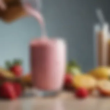 Close-up of a smoothie being poured into a glass with a sprinkle of collagen.