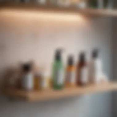 An array of natural skincare products on a bathroom shelf