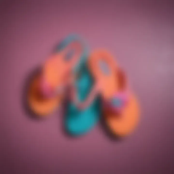 Close-up of stylish thick foam flip flops in vibrant colors