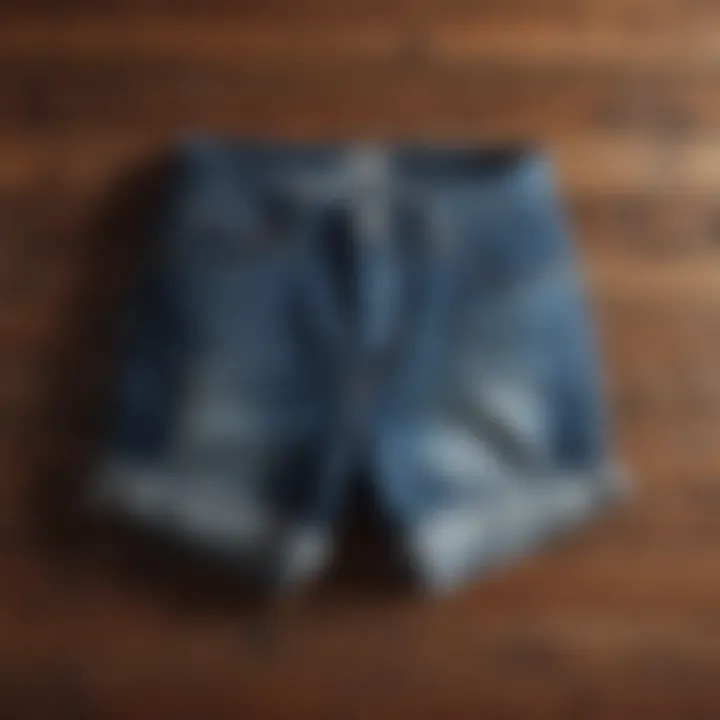 Stylishly folded jean shorts on a wooden surface