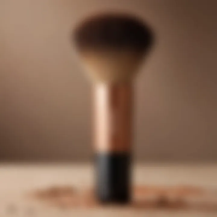 An elegant makeup brush poised next to a bottle of liquid bronzer