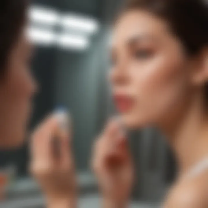 A beauty enthusiast applying lip balm in front of a mirror, highlighting skincare routine.