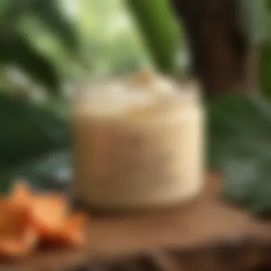 A jar of Tree Hut Tropical Glow Firming Shea Butter surrounded by tropical leaves.