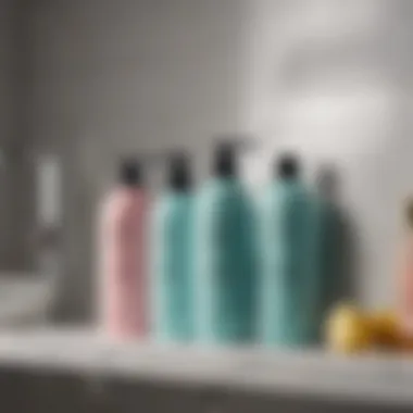 A variety of anti-dandruff shampoos on a bathroom shelf