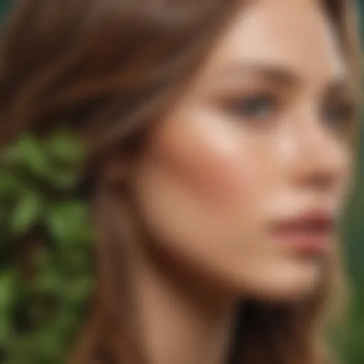 A close-up of healthy hair strands against a backdrop of herbs and vitamins