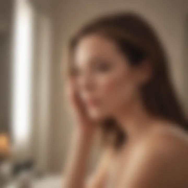 A serene woman reflecting in front of a mirror, showing concern for her hair condition