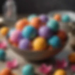 Vibrant pigmented bath bombs displayed in a decorative bowl