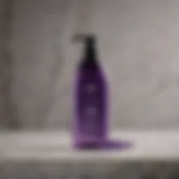 Purple shampoo bottle with a sleek design on a marble countertop