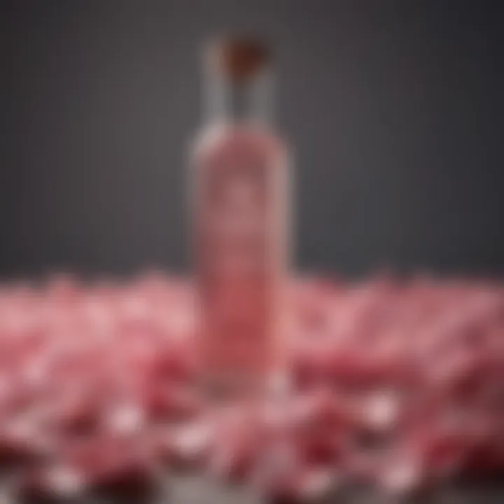 A bottle of whole foods rose water surrounded by fresh rose petals.