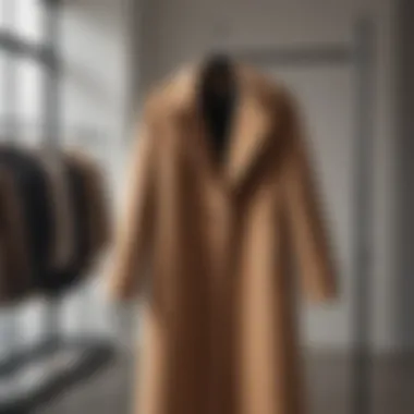 Wool top coat hanging gracefully on a coat rack